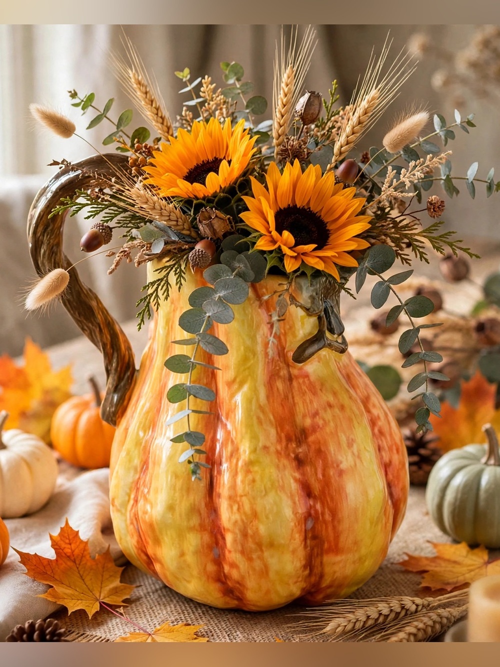 VTG Ceramic Pumpkin Gourd Pitcher Hand Painted Fall Harvest Vine Leaf Handle